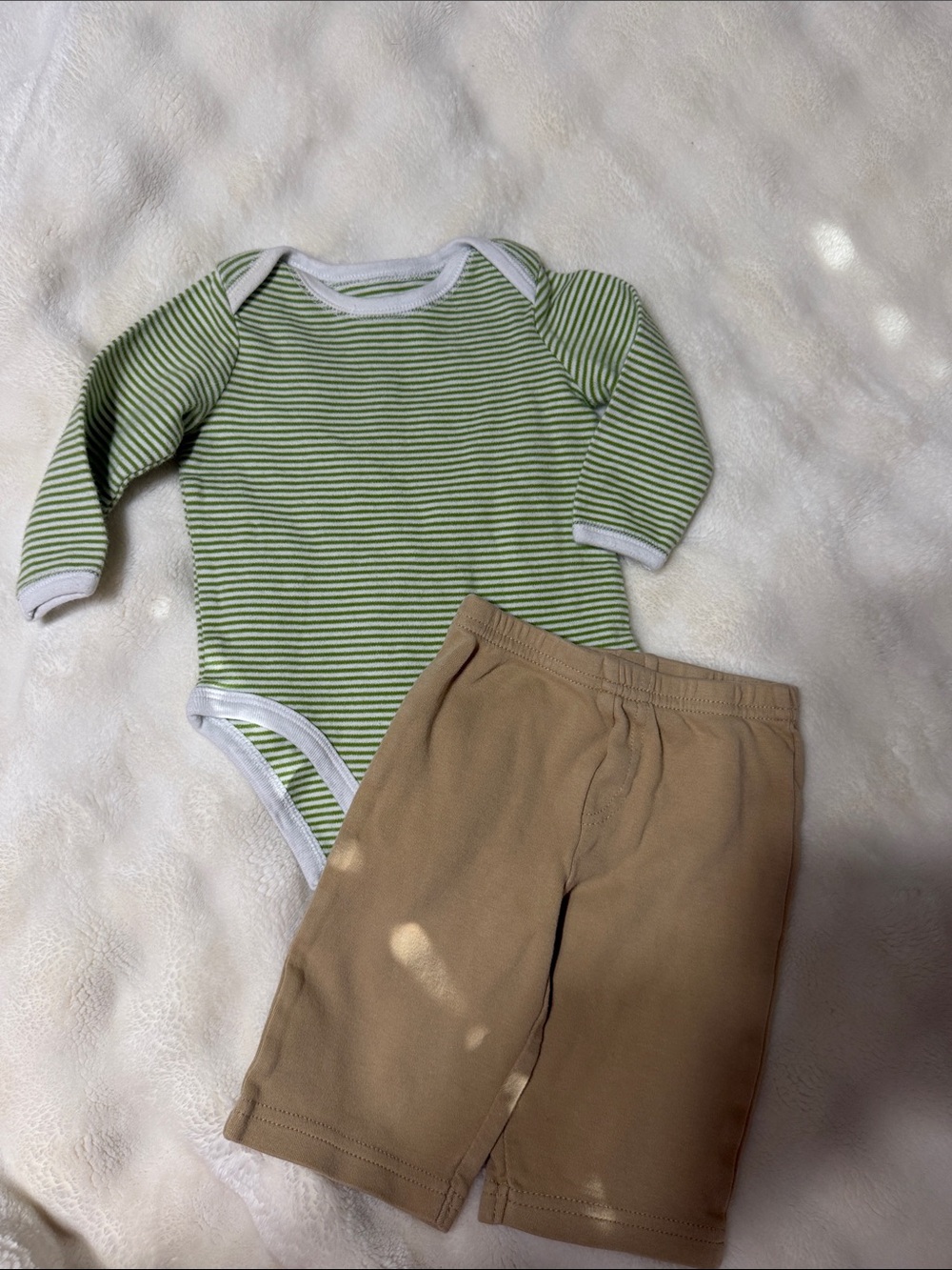 Little Wonders Green & White Striped Long-Sleeve Onesie with Carter’s Tan Pants